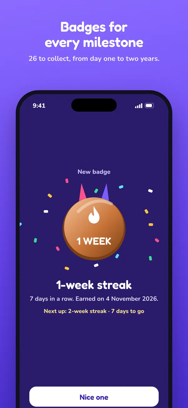 A new 1-week streak badge with confetti