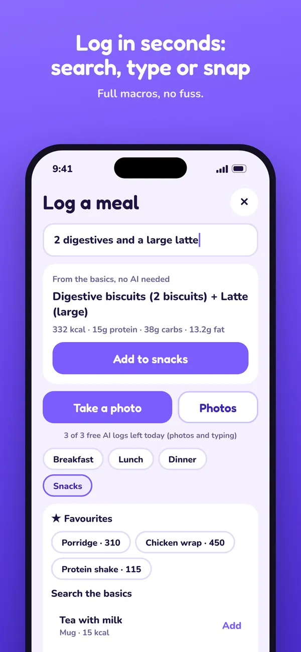 Logging a meal by typing it, with full macros shown